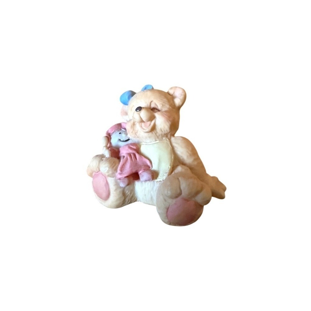 Cherished Teddies Mini‎ Teddy Bear Figurine Holding Doll Blue Bow Pink
